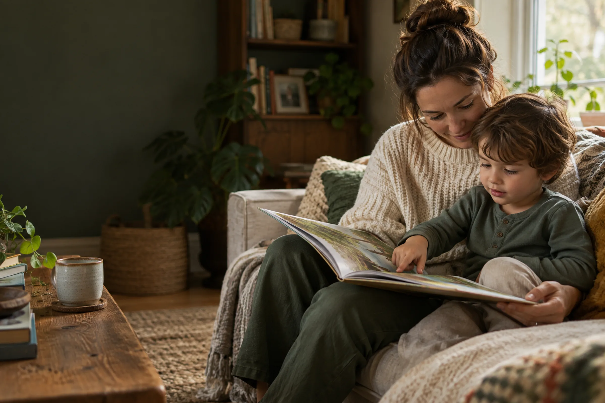 A parent and child sharing an illustrated book in a warm, sunlit reading nook