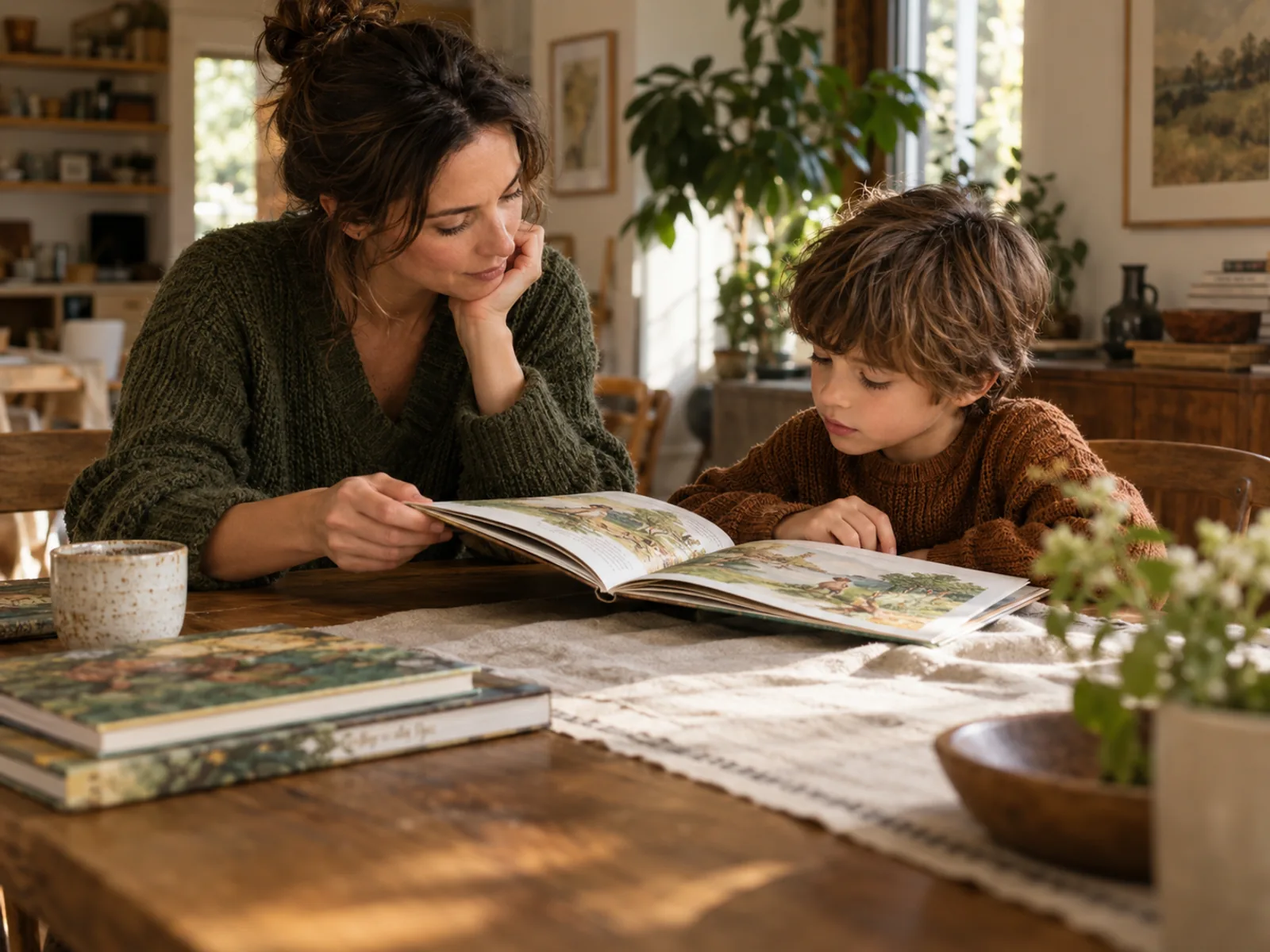 A parent and child sharing a quiet reading moment at home