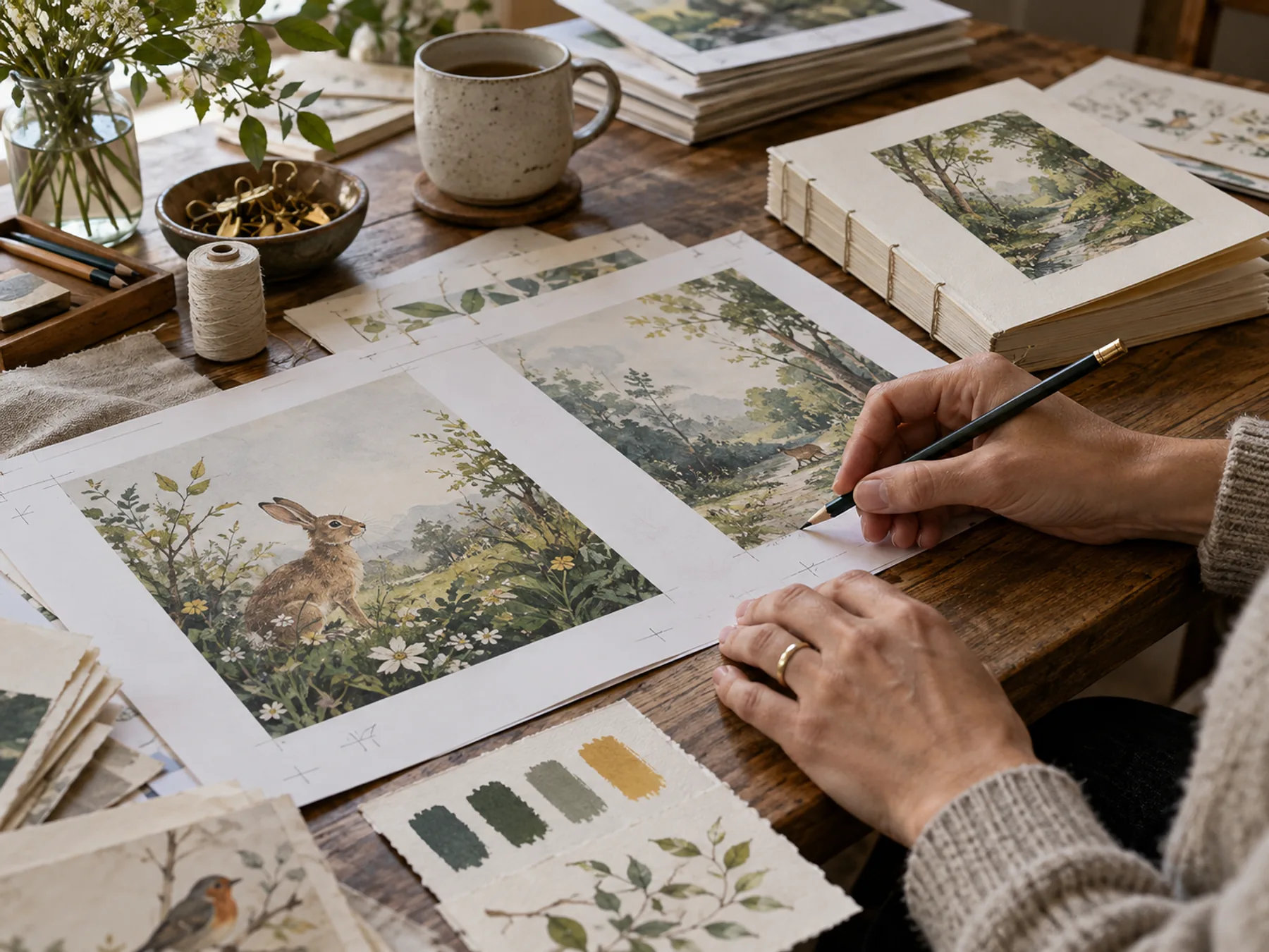 Hands reviewing illustrated page proofs at a wooden publishing table