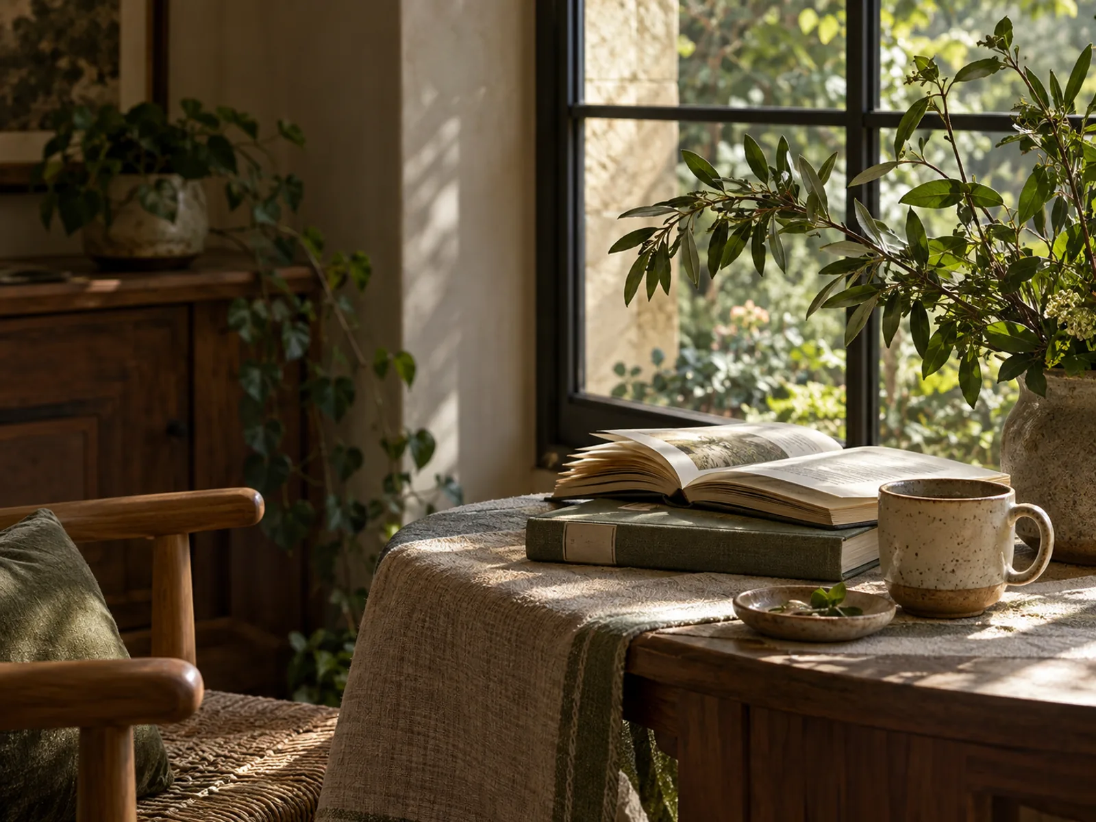 Books, tea and leafy plants arranged beside a sunlit window