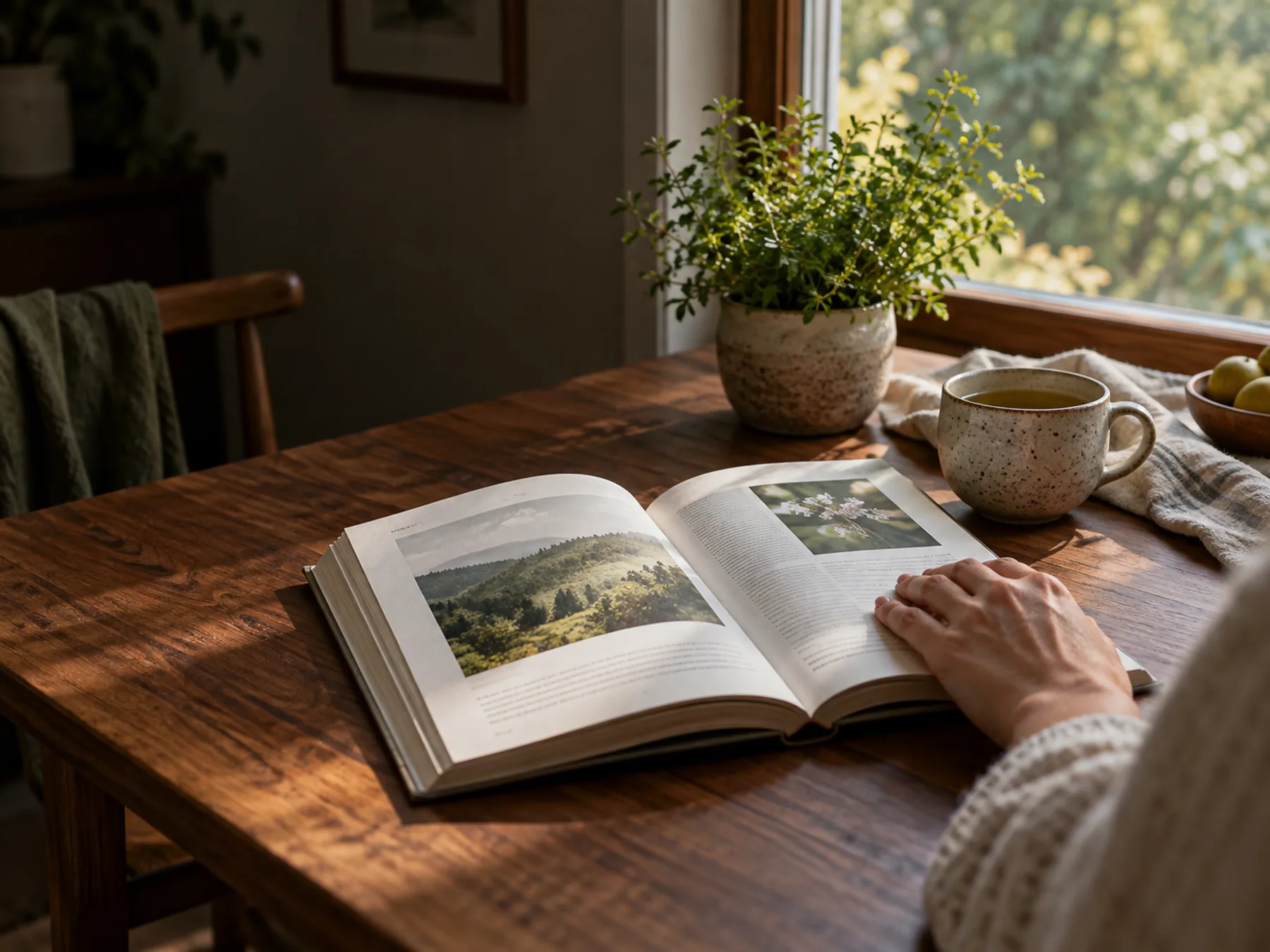A wellness book, tea and a living herb on a sunlit wooden table