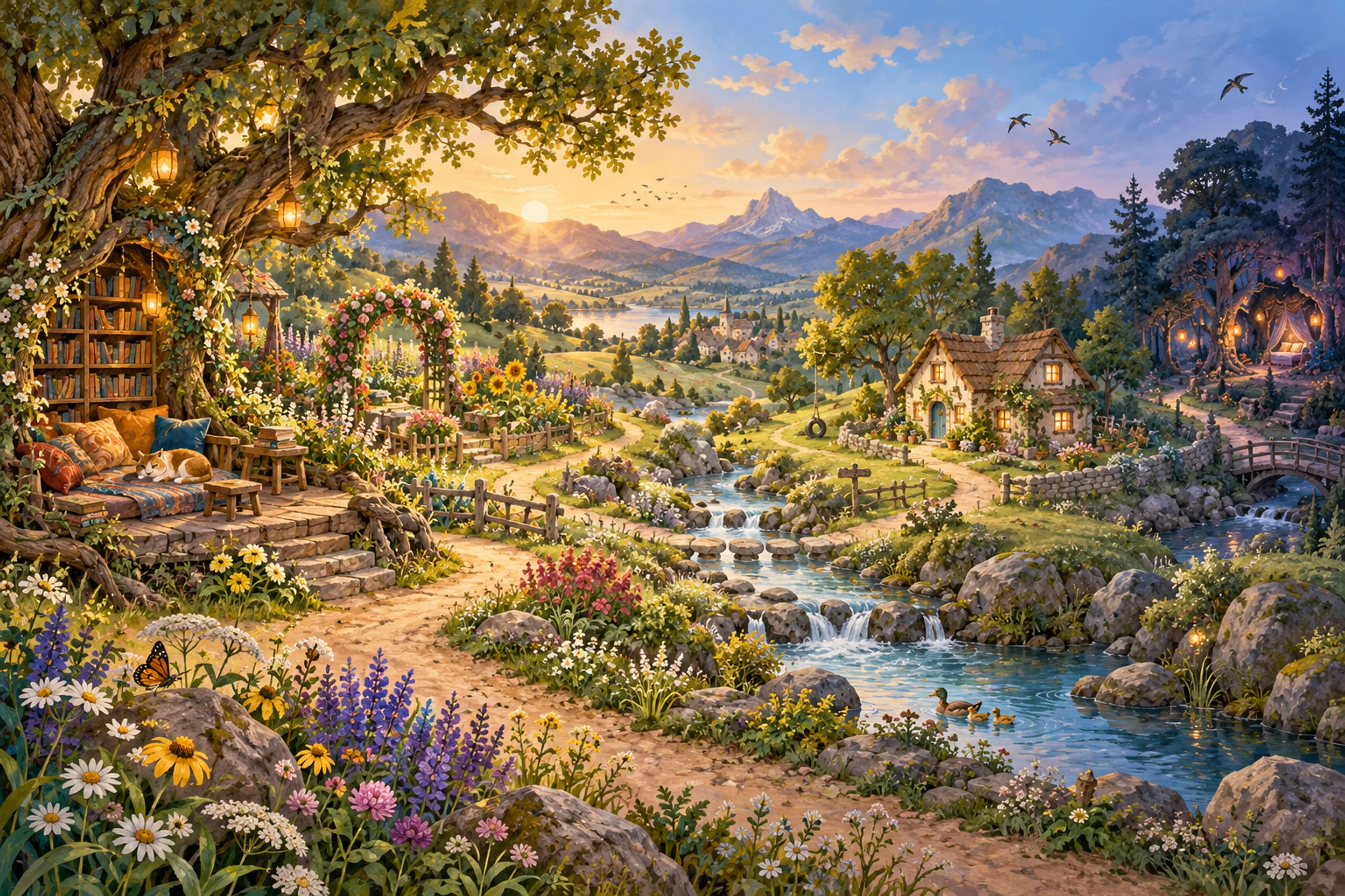An illustrated landscape of winding paths, a stream, woodland and a cottage: the world of Destiny Land