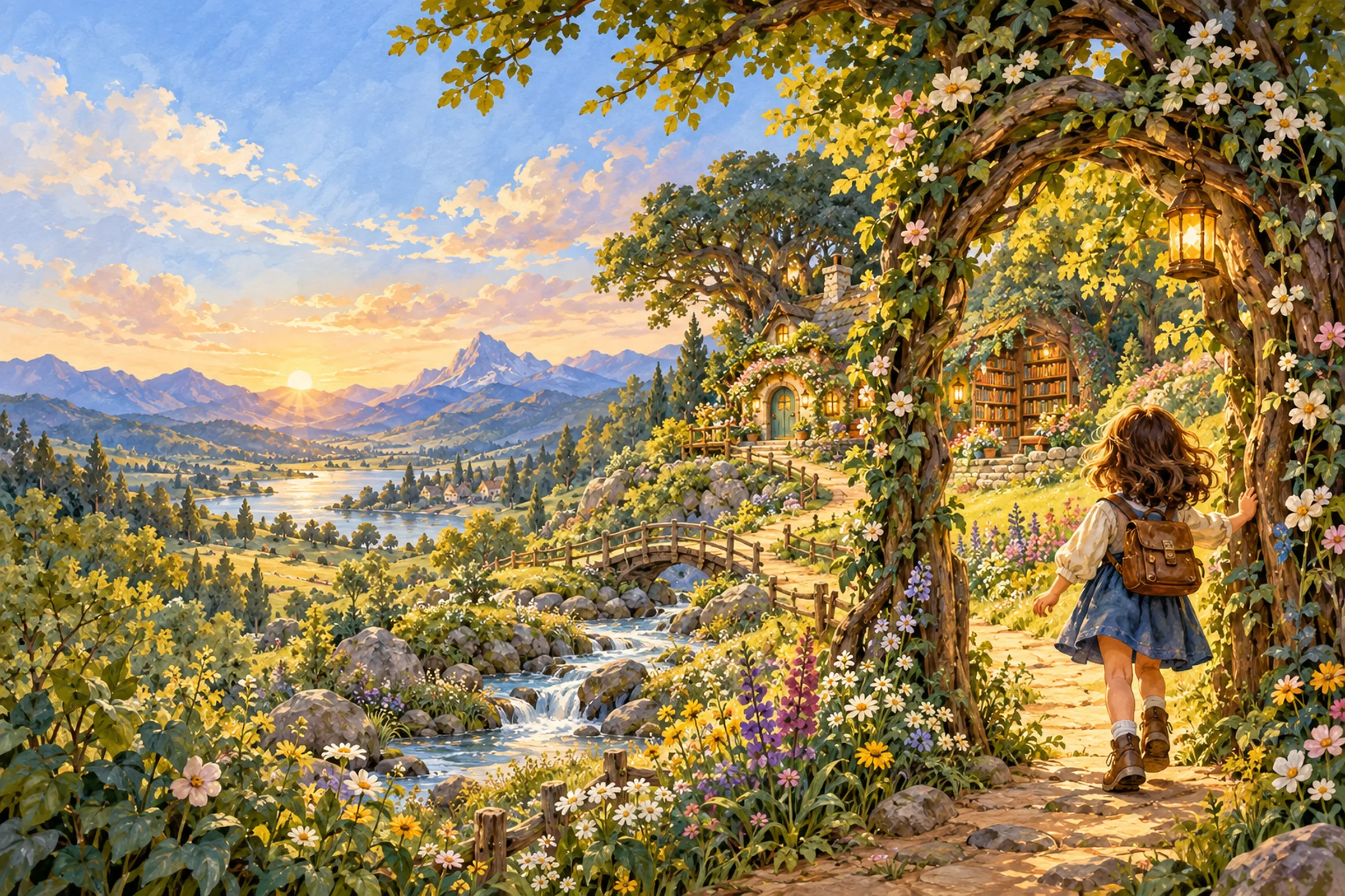 A young explorer entering a flowered woodland path toward a tree library