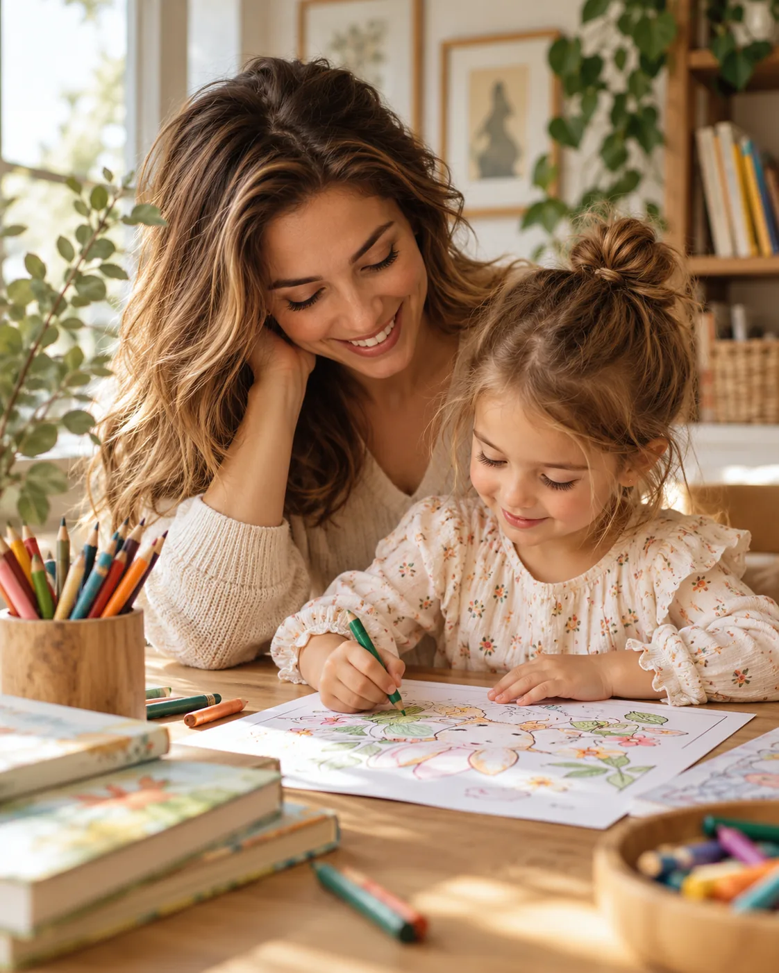 A parent and child smiling together as the child colours a page at a wooden table