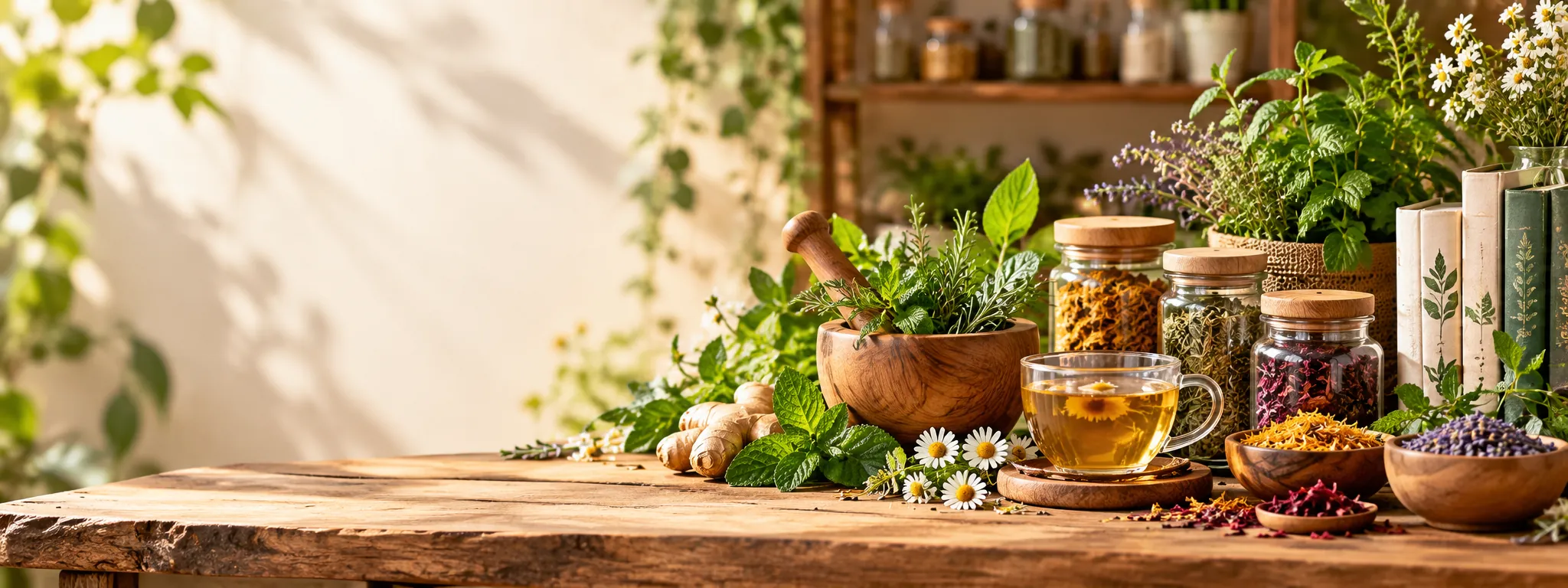 Herbs, dried flowers, a cup of herbal tea and books on a sunlit wooden table