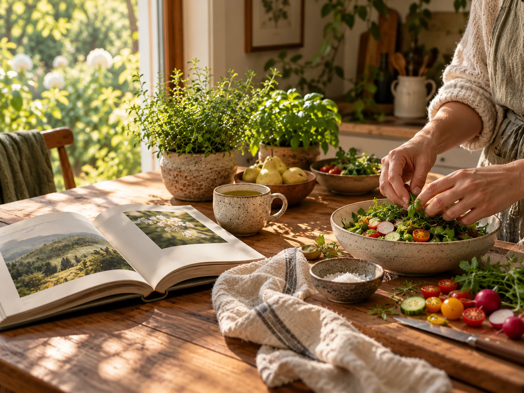 Hands preparing a fresh meal beside a book, tea and garden herbs