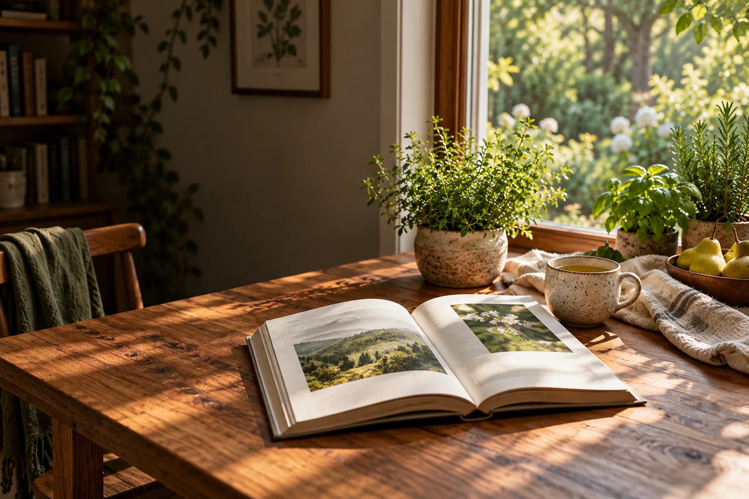 An open nature book, tea and living herbs on a sunlit wooden table beside a garden