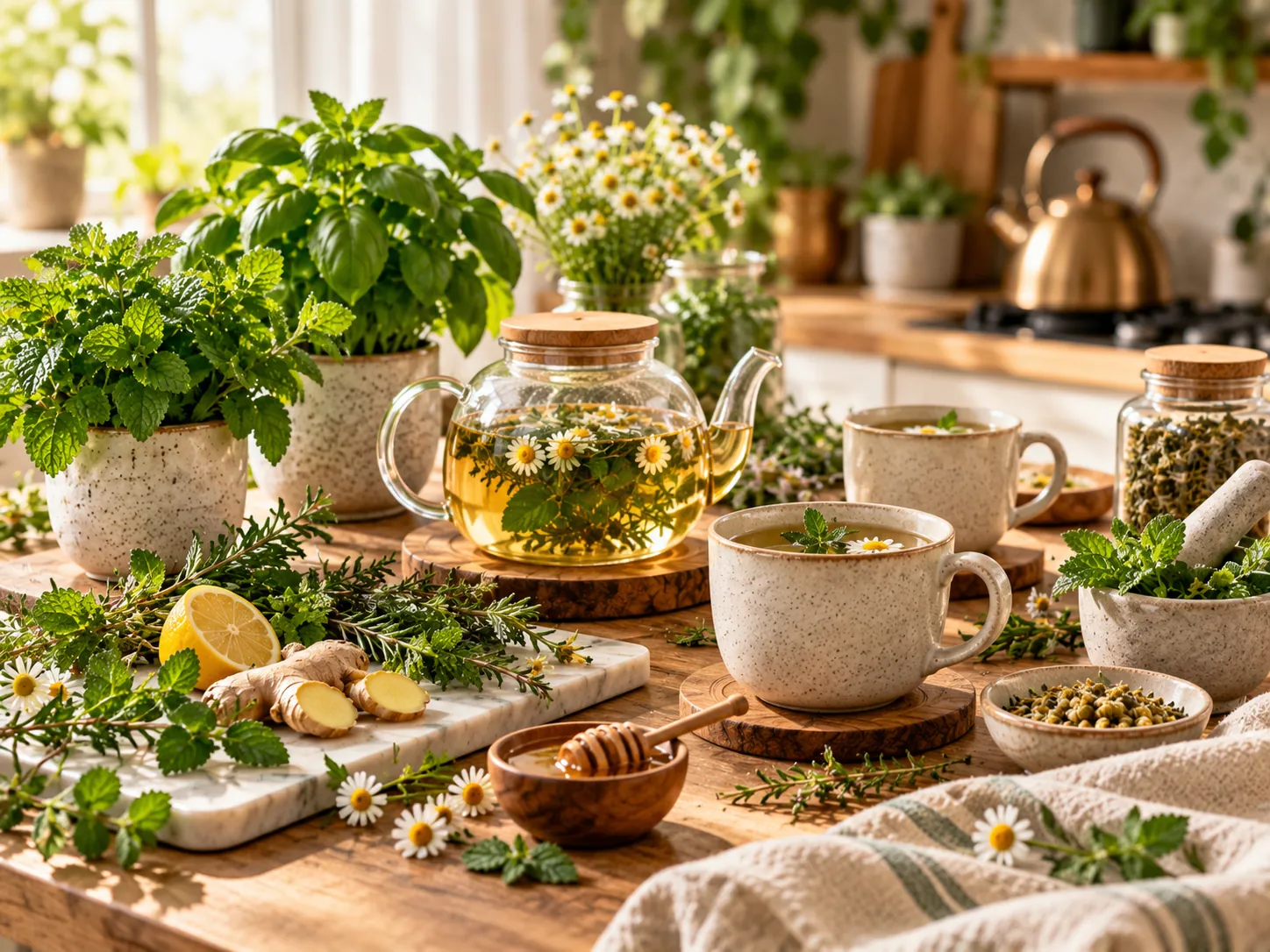 A kitchen counter with fresh herbs, herbal tea and lemon