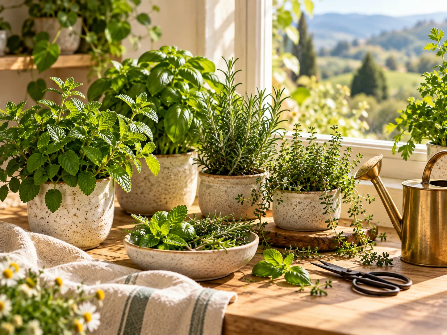 Pots of fresh herbs on a sunny windowsill overlooking green hills