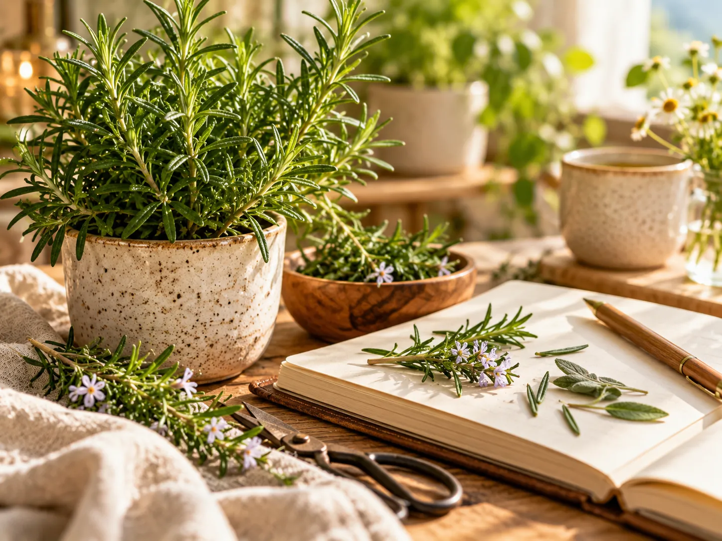 A potted rosemary plant beside a notebook of pressed herbs