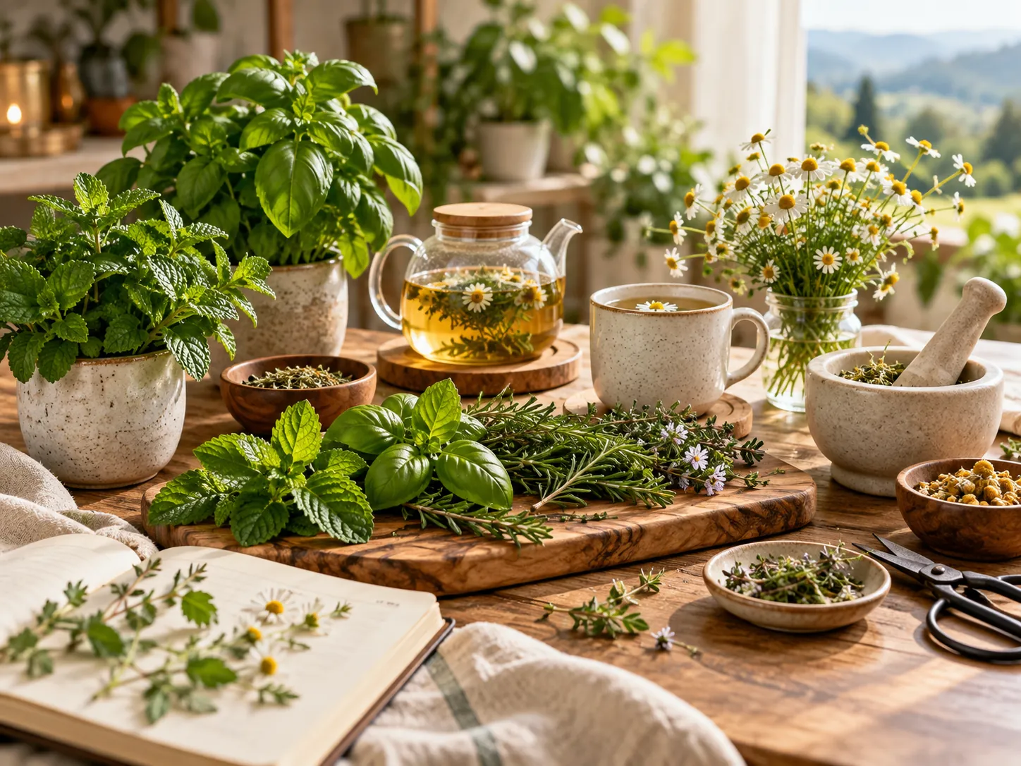 A beginner’s herb table with potted basil, a tea set and an open notebook